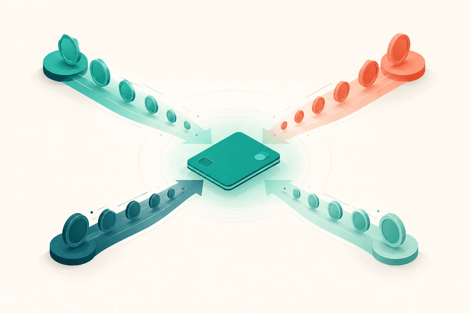 Illustration of coin streams from several payout platforms merging into a single account